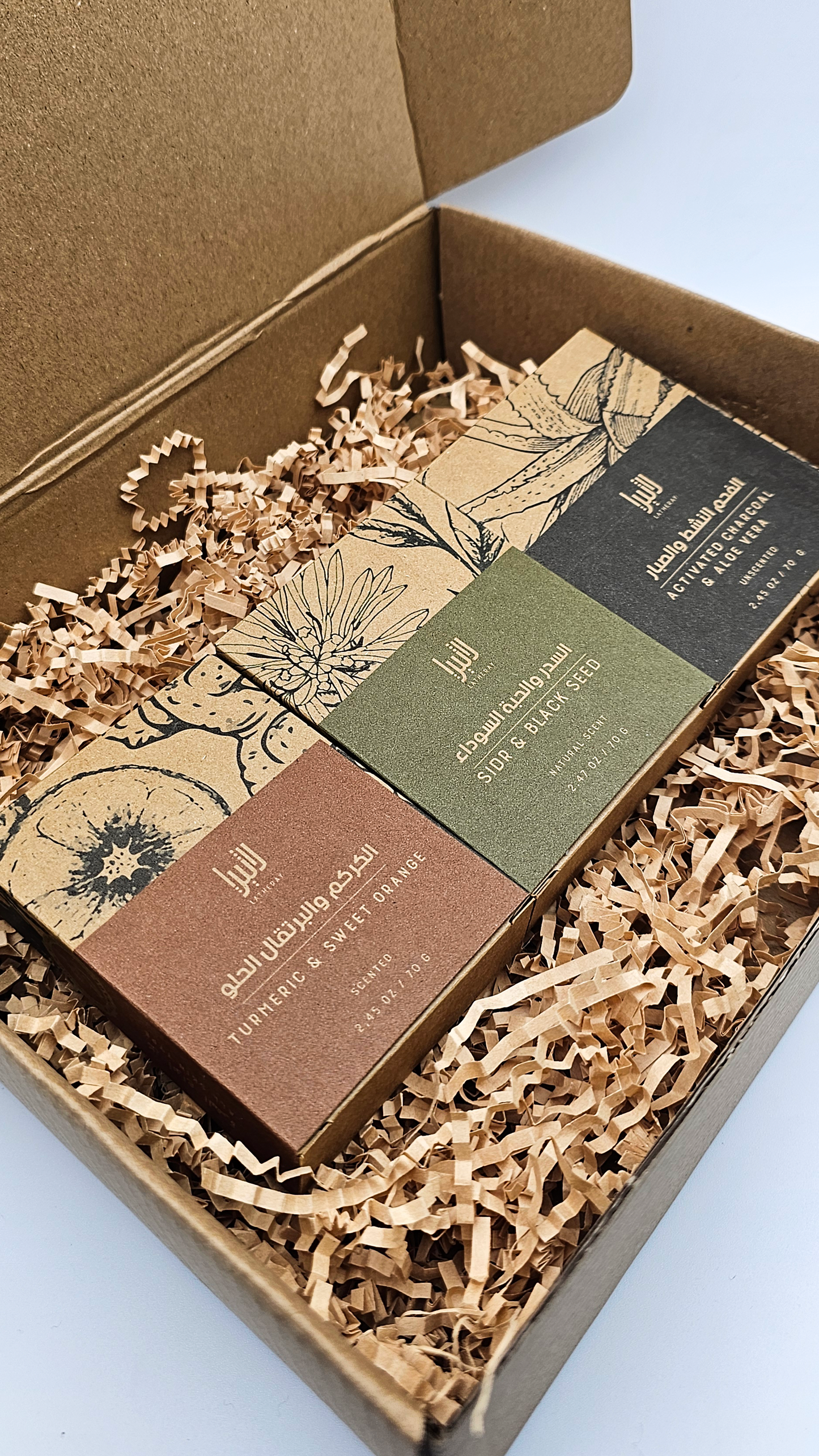 Latheray 3 soap bar set featuring handmade natural soaps in eco packaging.