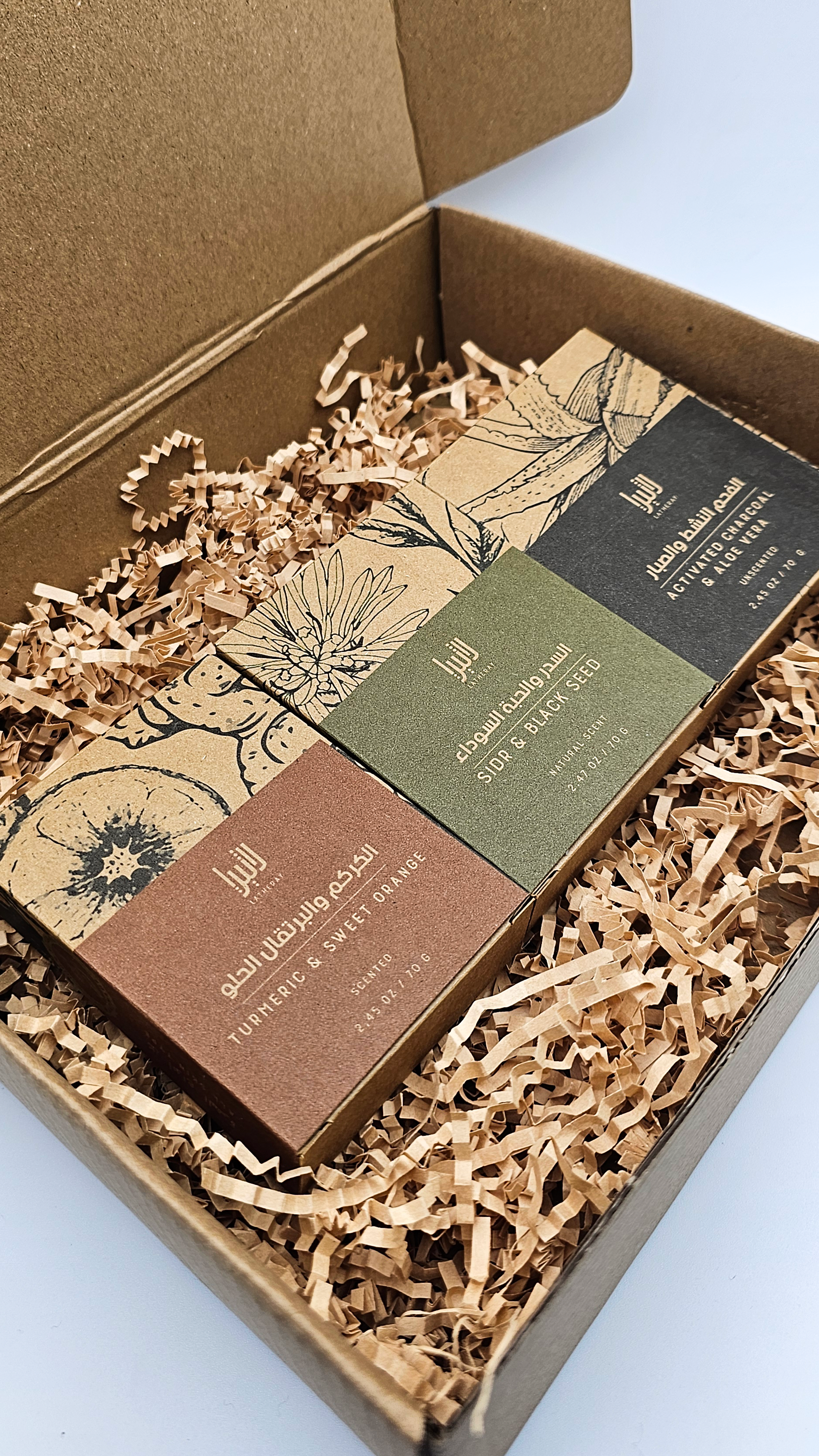 Latheray 3 soap bar set featuring handmade natural soaps in eco packaging.