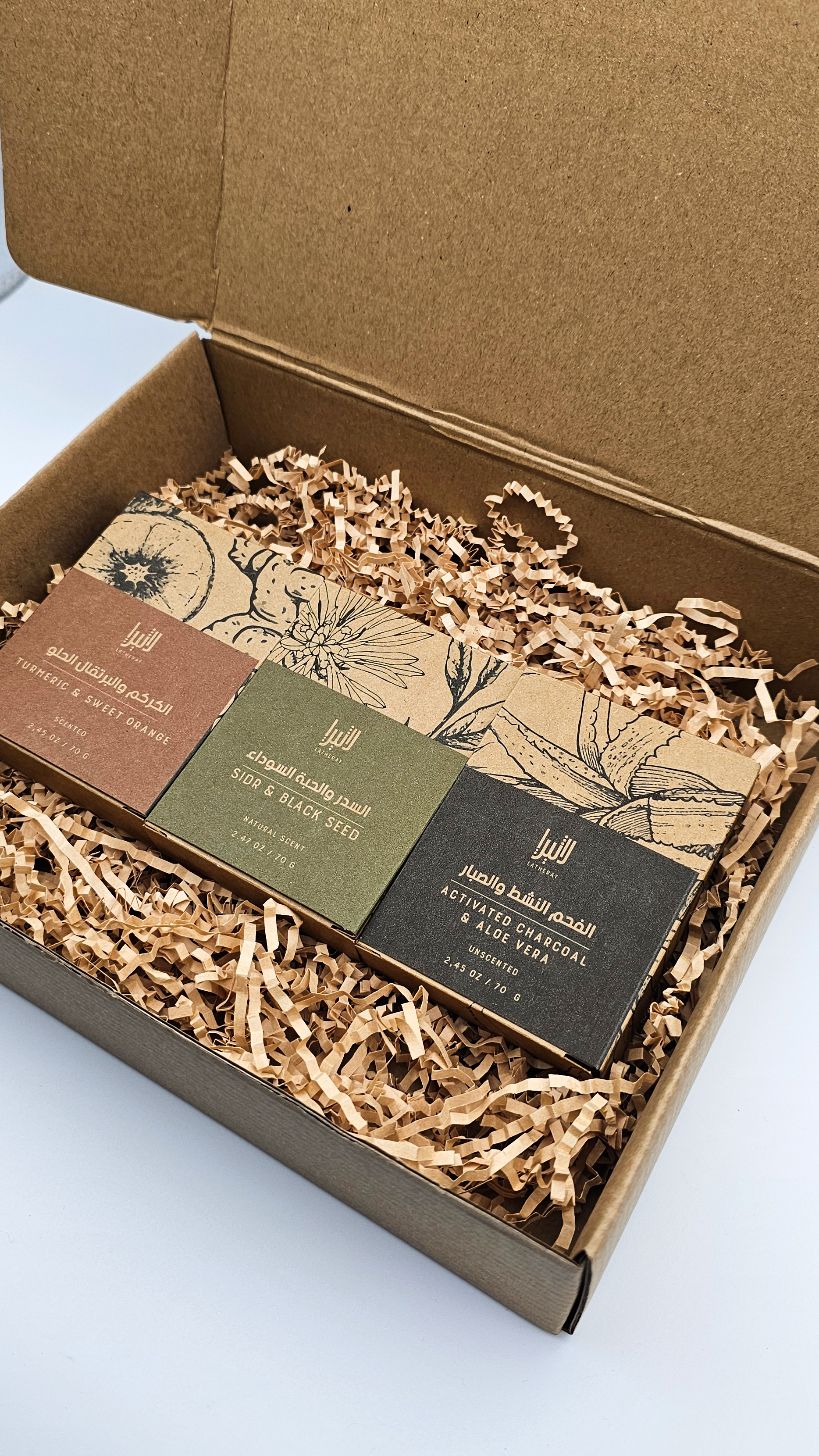 Latheray 3 soap bar set featuring handmade natural soaps in eco packaging.