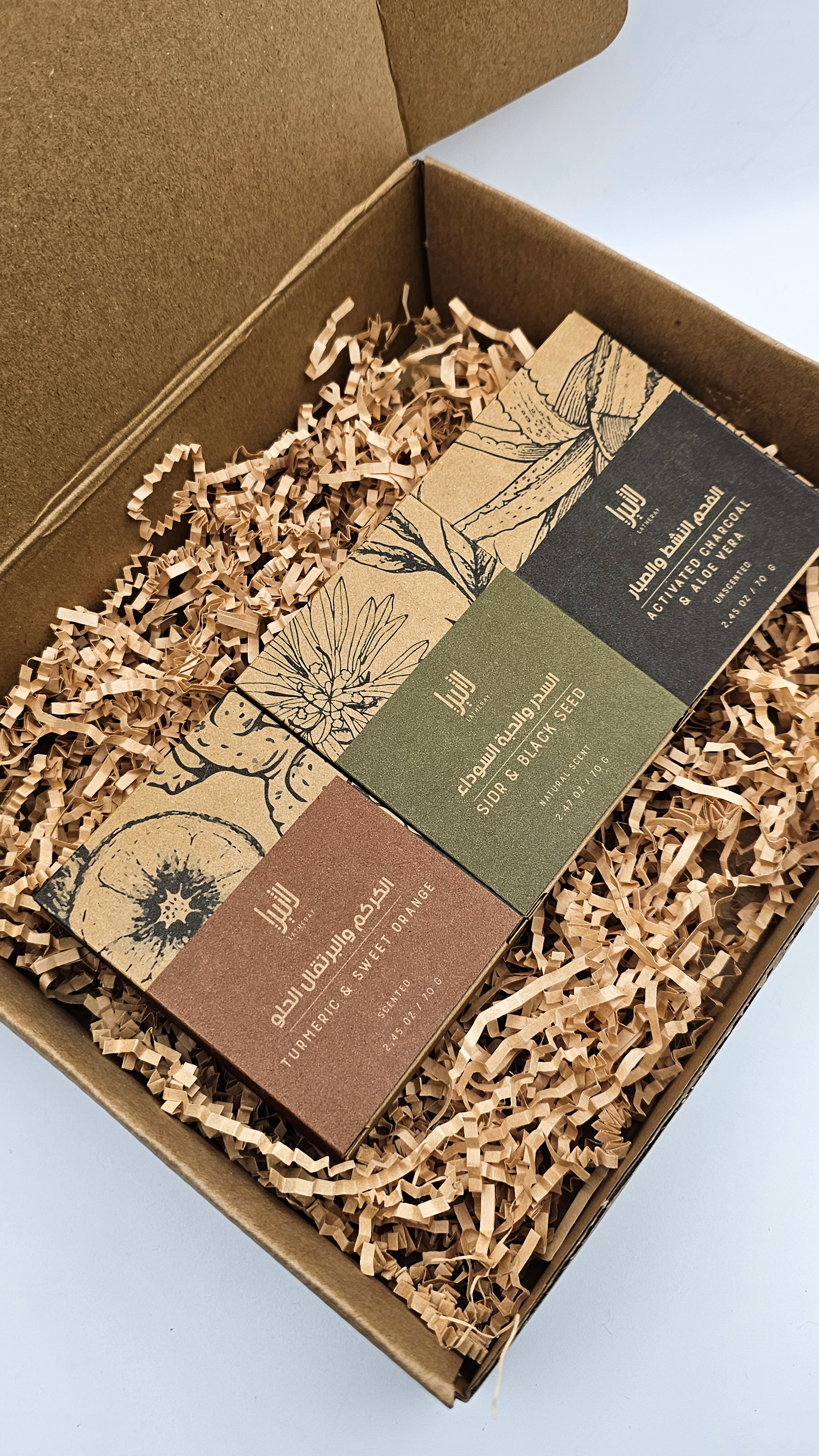 Latheray 3 soap bar set featuring handmade natural soaps in eco packaging.